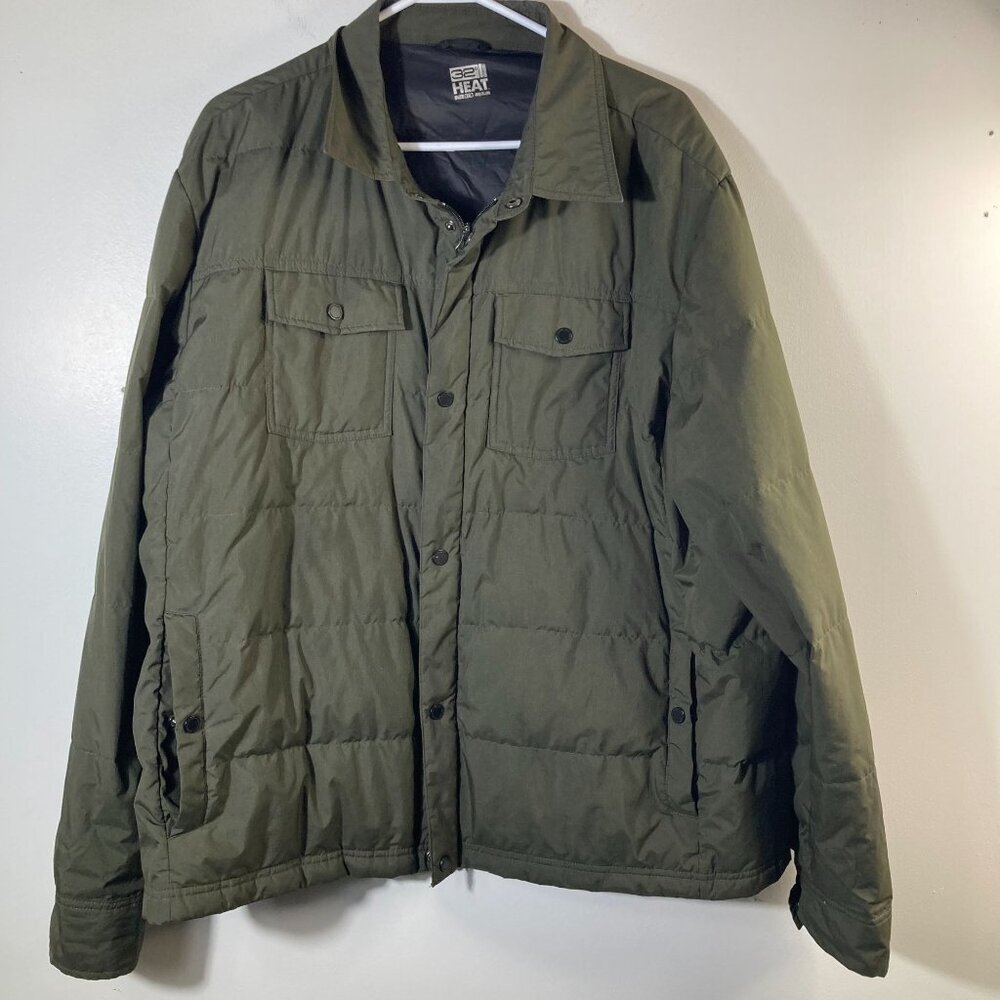 Mens 32 Degrees Heat Down Shacket Green 2XL Zip Snap Front Flaw